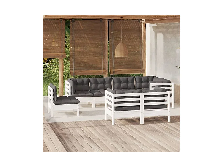Salon de jardin 8 pcs avec coussins blanc bois de pin massif