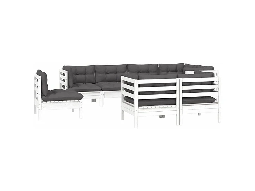 Salon de jardin 8 pcs avec coussins blanc bois de pin massif