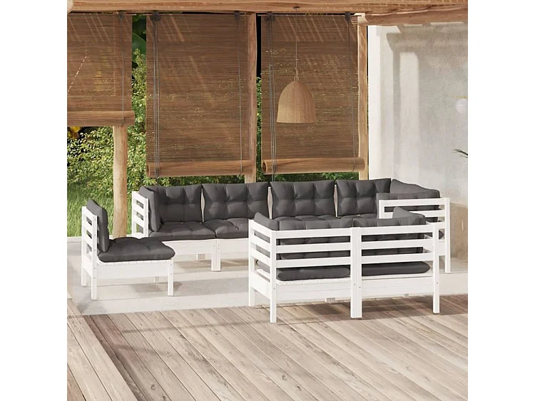 Salon de jardin 8 pcs avec coussins blanc bois de pin massif
