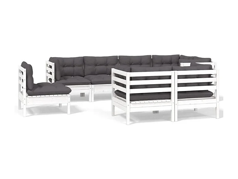 Salon de jardin 8 pcs avec coussins blanc bois de pin massif