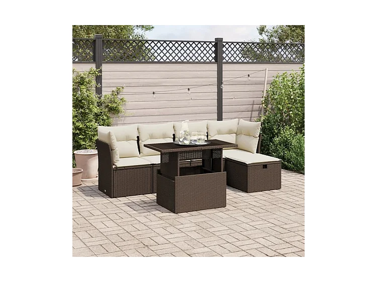 Salon de jardin avec coussins 6 pcs marron résine tressée