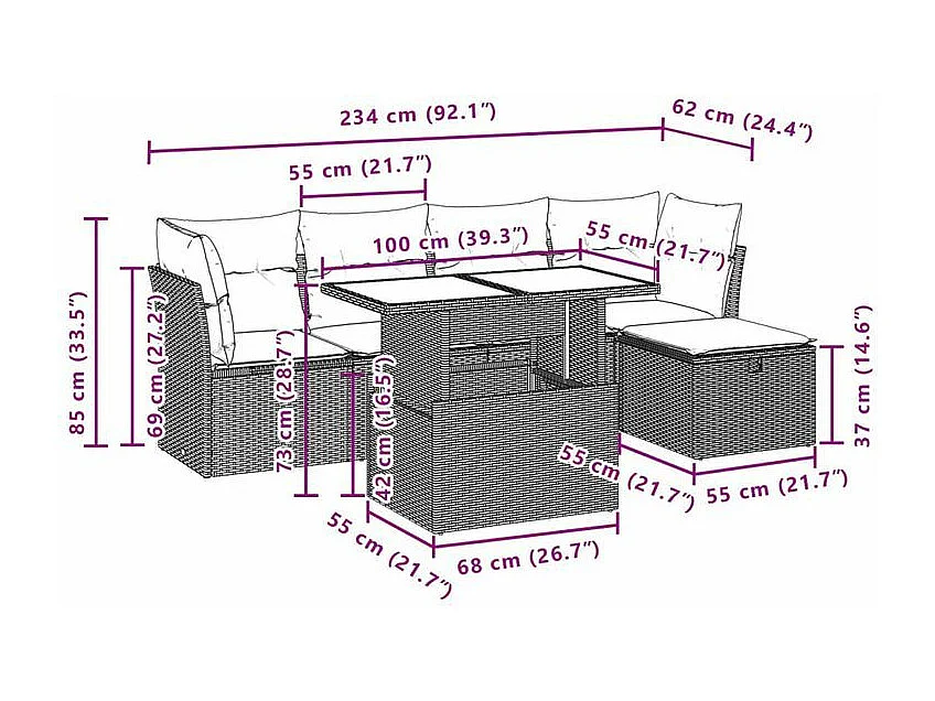 Salon de jardin avec coussins 6 pcs marron résine tressée