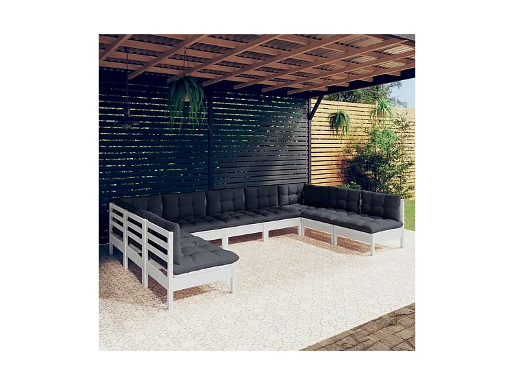 Salon de jardin 9 pcs avec coussins blanc bois de pin solide