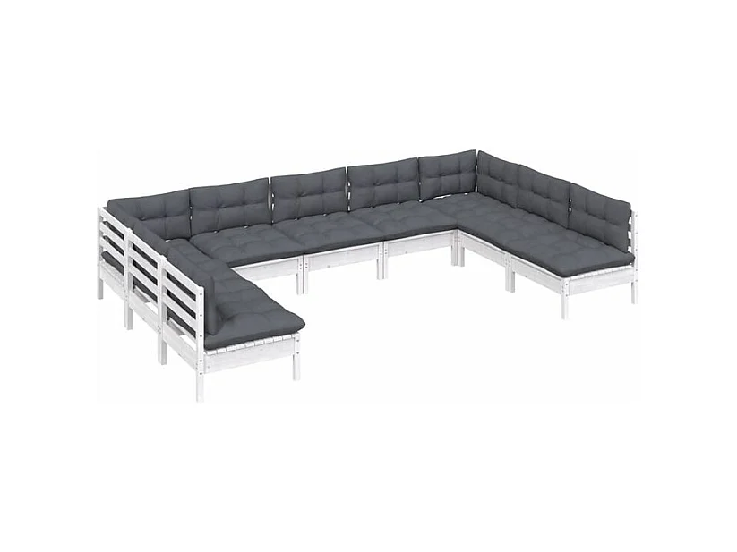 Salon de jardin 9 pcs avec coussins blanc bois de pin solide