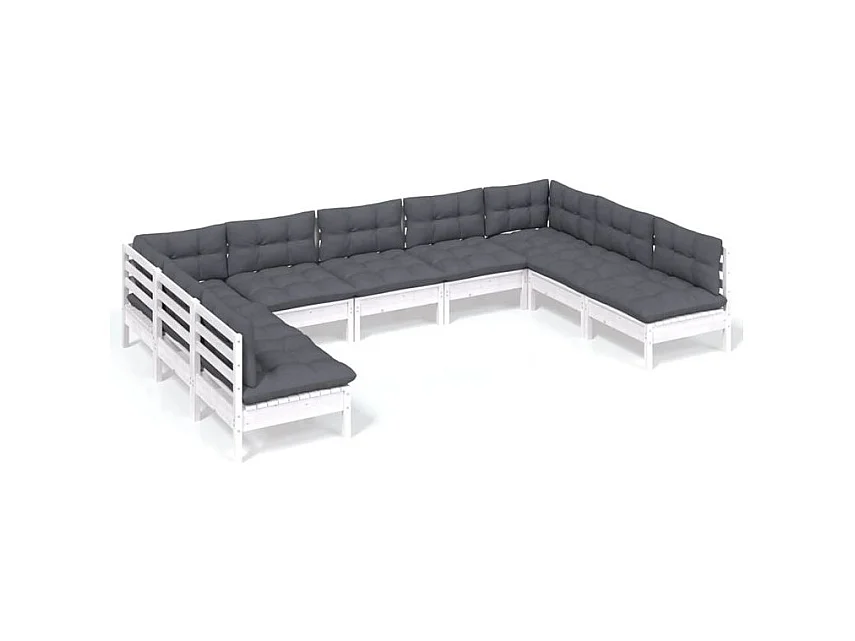 Salon de jardin 9 pcs avec coussins blanc bois de pin solide