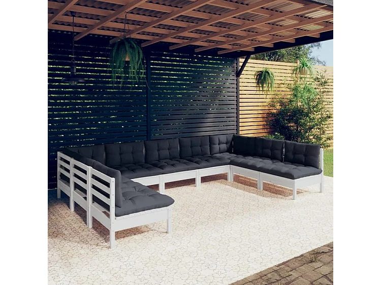 Salon de jardin 9 pcs avec coussins blanc bois de pin solide