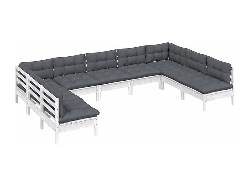 Salon de jardin 9 pcs avec coussins blanc bois de pin solide
