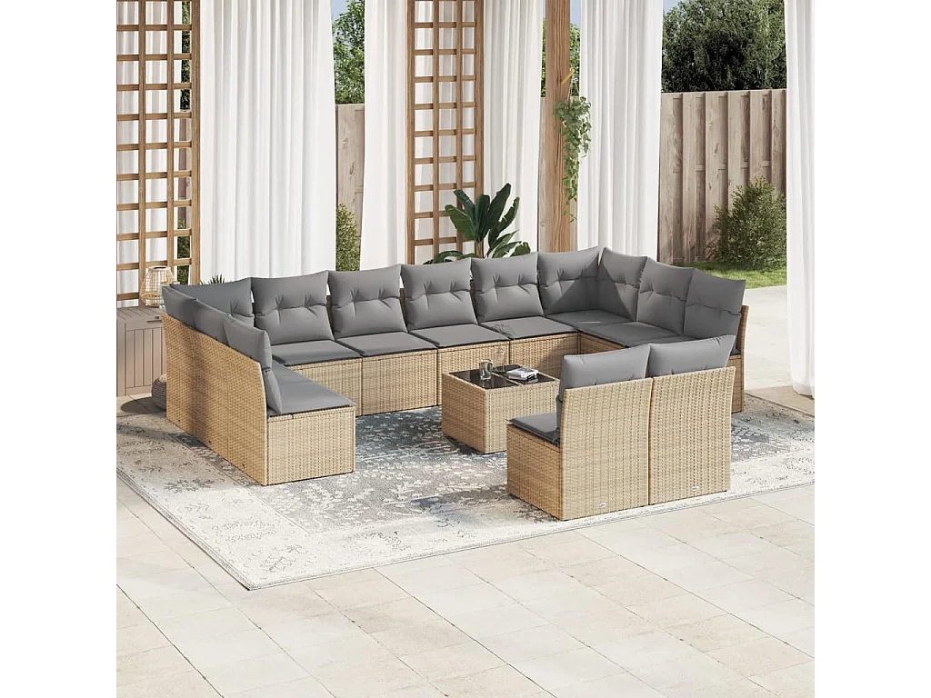 Salon de jardin avec coussins 13 pcs beige résine tressée