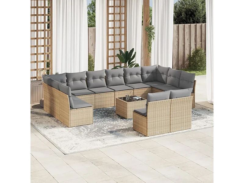 Salon de jardin avec coussins 13 pcs beige résine tressée