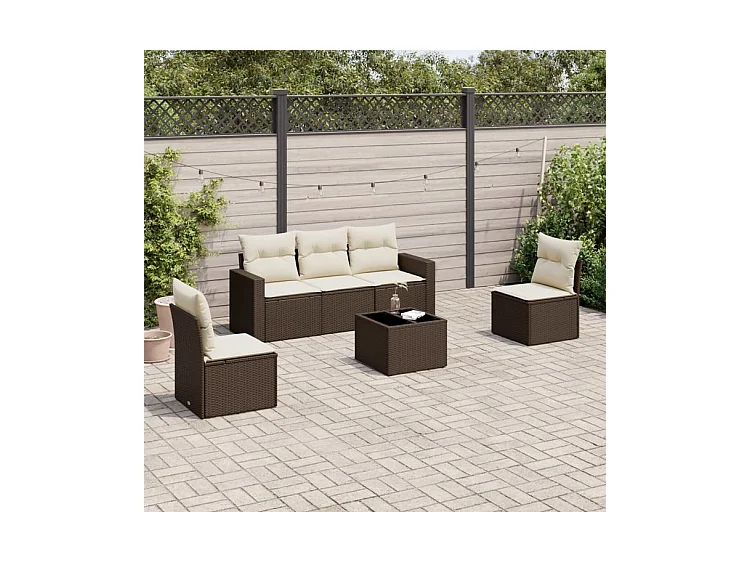Salon de jardin avec coussins 6 pcs marron résine tressée
