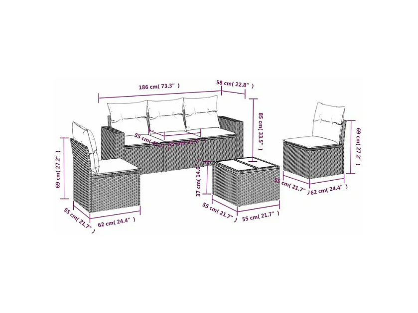 Salon de jardin avec coussins 6 pcs marron résine tressée