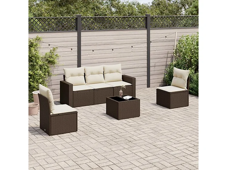 Salon de jardin avec coussins 6 pcs marron résine tressée