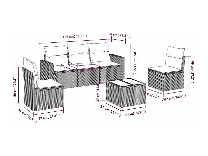 Salon de jardin avec coussins 6 pcs marron résine tressée