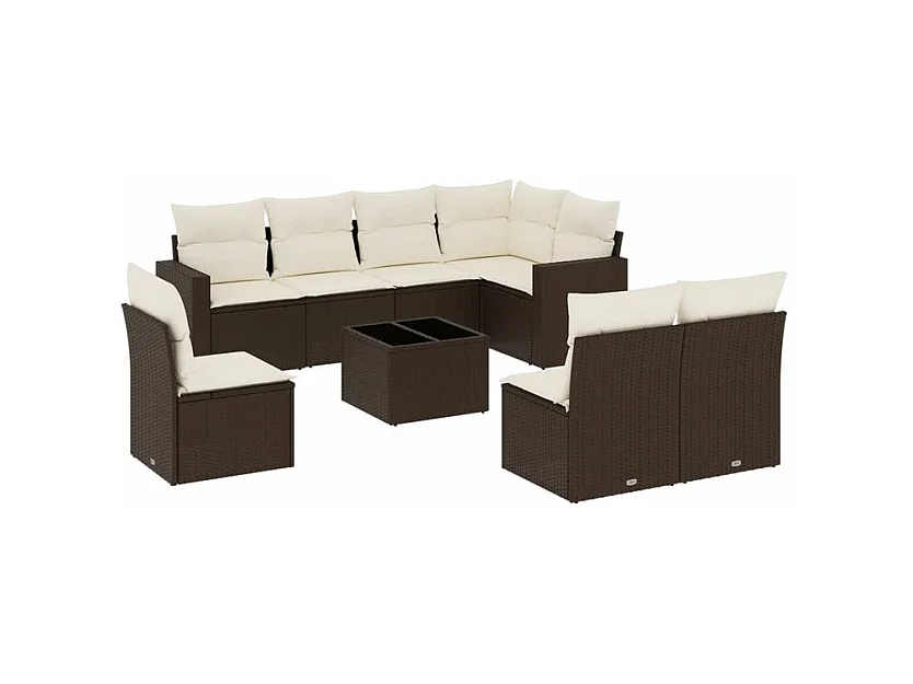 Salon de jardin avec coussins 9 pcs marron résine tressée