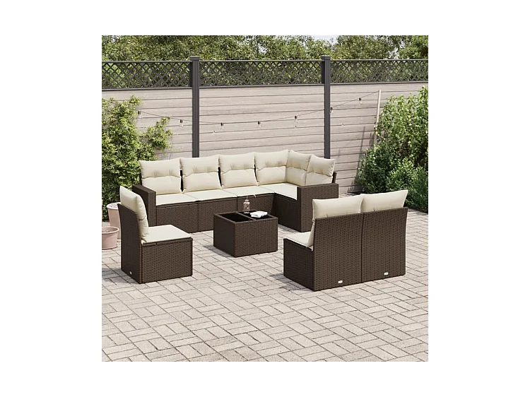 Salon de jardin avec coussins 9 pcs marron résine tressée