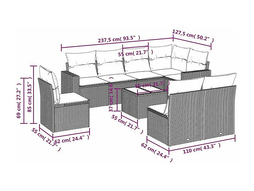 Salon de jardin avec coussins 9 pcs marron résine tressée