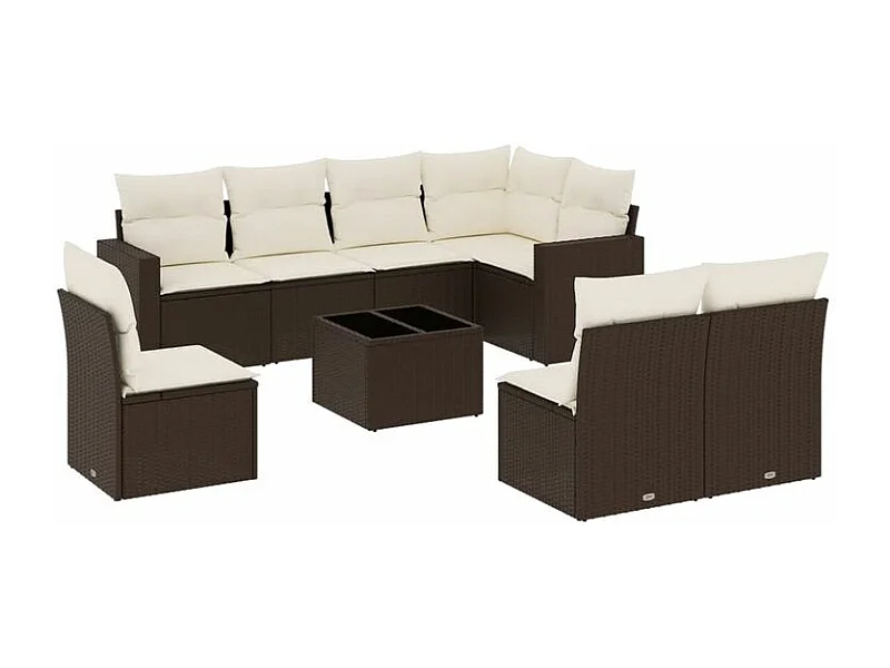Salon de jardin avec coussins 9 pcs marron résine tressée