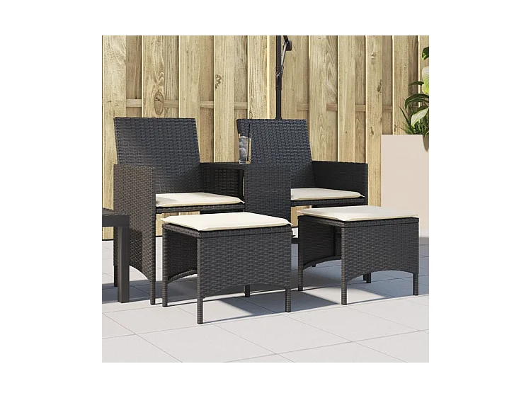 Canapé de jardin 2 places avec table et tabourets noir rotin