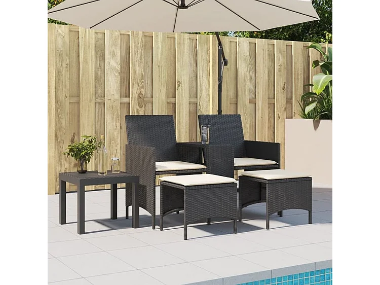 Canapé de jardin 2 places avec table et tabourets noir rotin