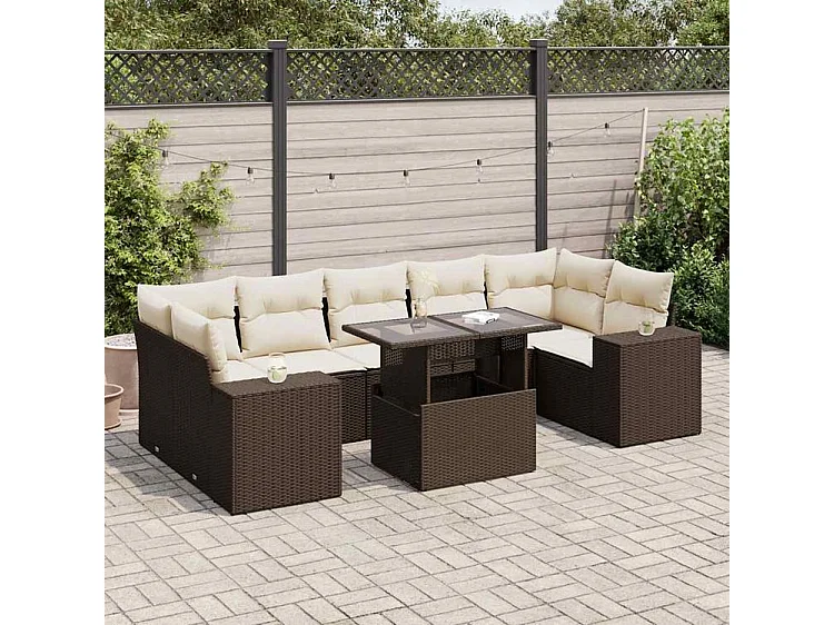 Salon de jardin 8 pcs avec coussins marron résine tressée