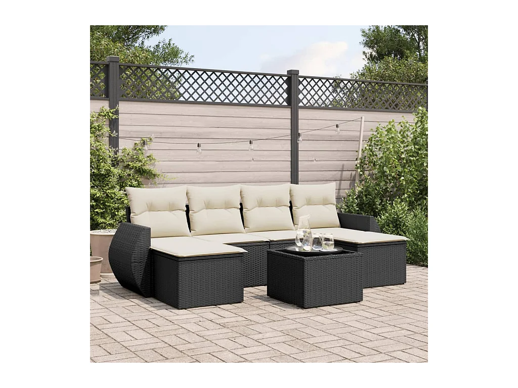 Salon de jardin 7 pcs avec coussins noir résine tressée