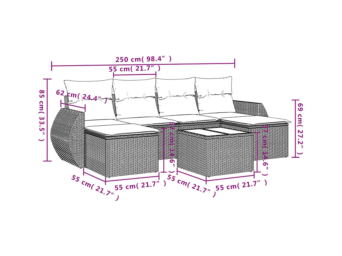 Salon de jardin 7 pcs avec coussins noir résine tressée