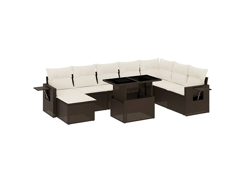 Salon de jardin avec coussins 9 pcs marron résine tressée