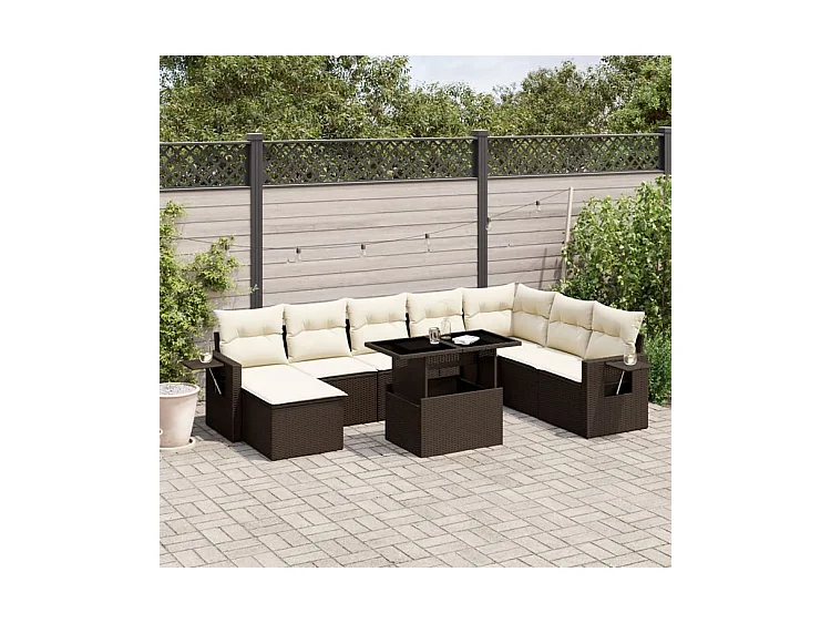 Salon de jardin avec coussins 9 pcs marron résine tressée