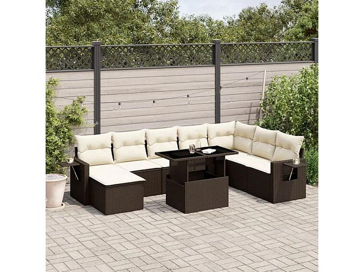 Salon de jardin avec coussins 9 pcs marron résine tressée