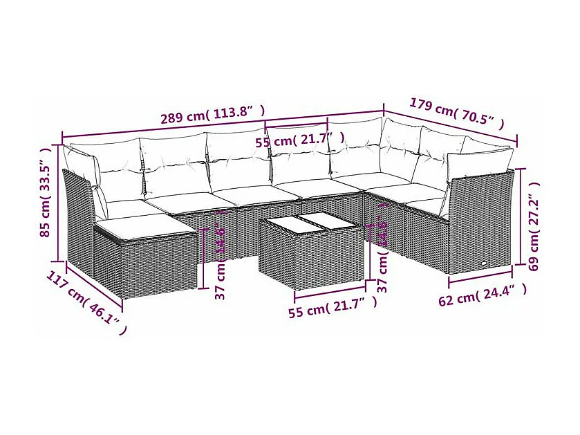 Salon de jardin avec coussins 9 pcs marron résine tressée