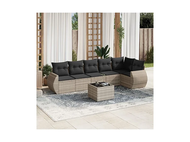 Salon de jardin avec coussins 7 pcs gris clair résine tressée