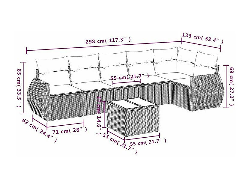 Salon de jardin avec coussins 7 pcs gris clair résine tressée