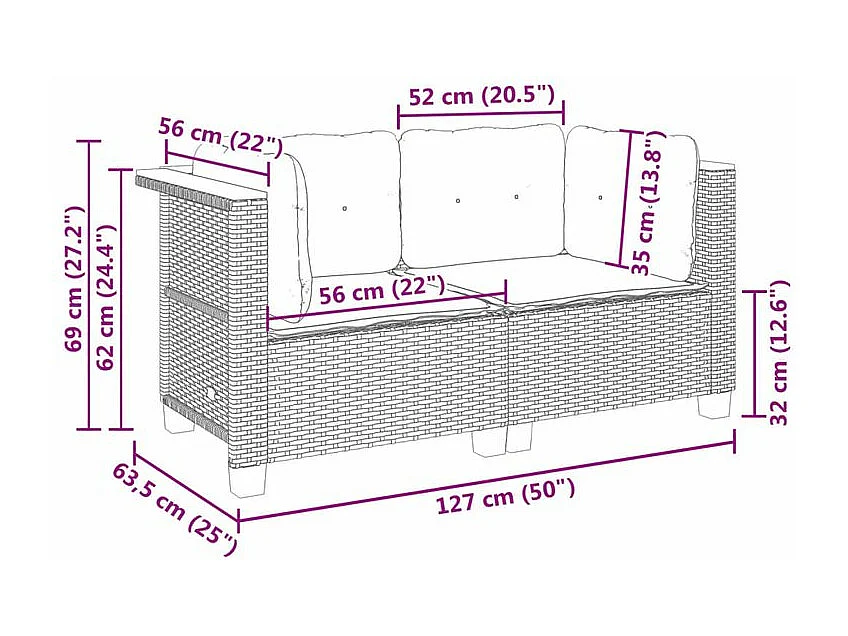 Canapés d'angle de jardin et coussins 2 pcs noir résine tressée