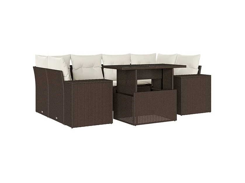 Salon de jardin avec coussins 7 pcs marron résine tressée