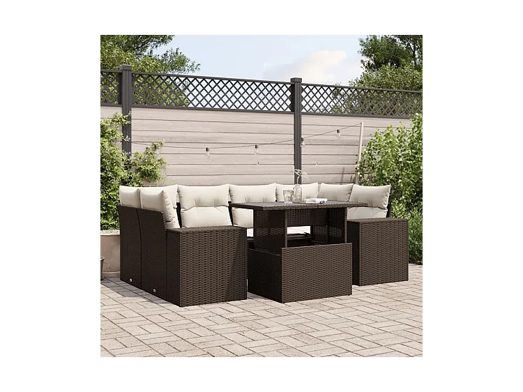 Salon de jardin avec coussins 7 pcs marron résine tressée