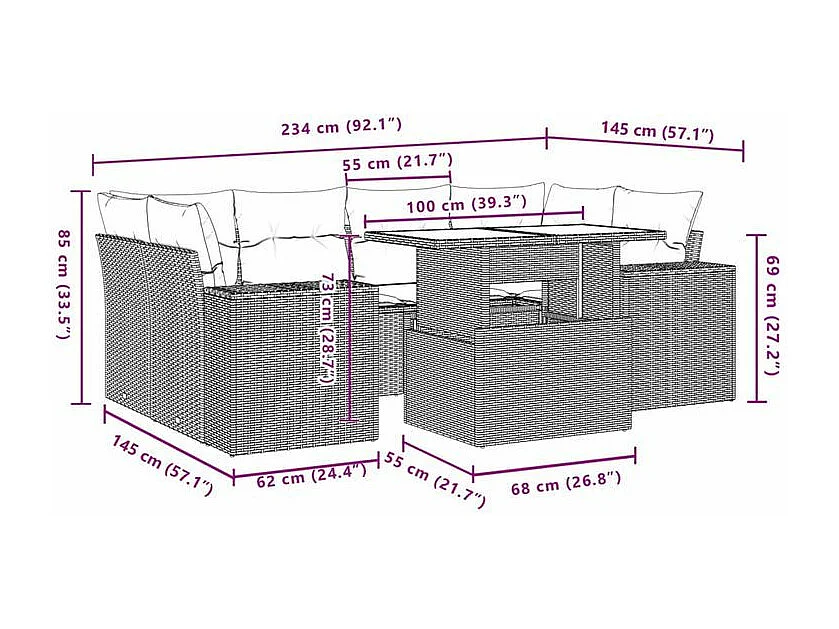 Salon de jardin avec coussins 7 pcs marron résine tressée