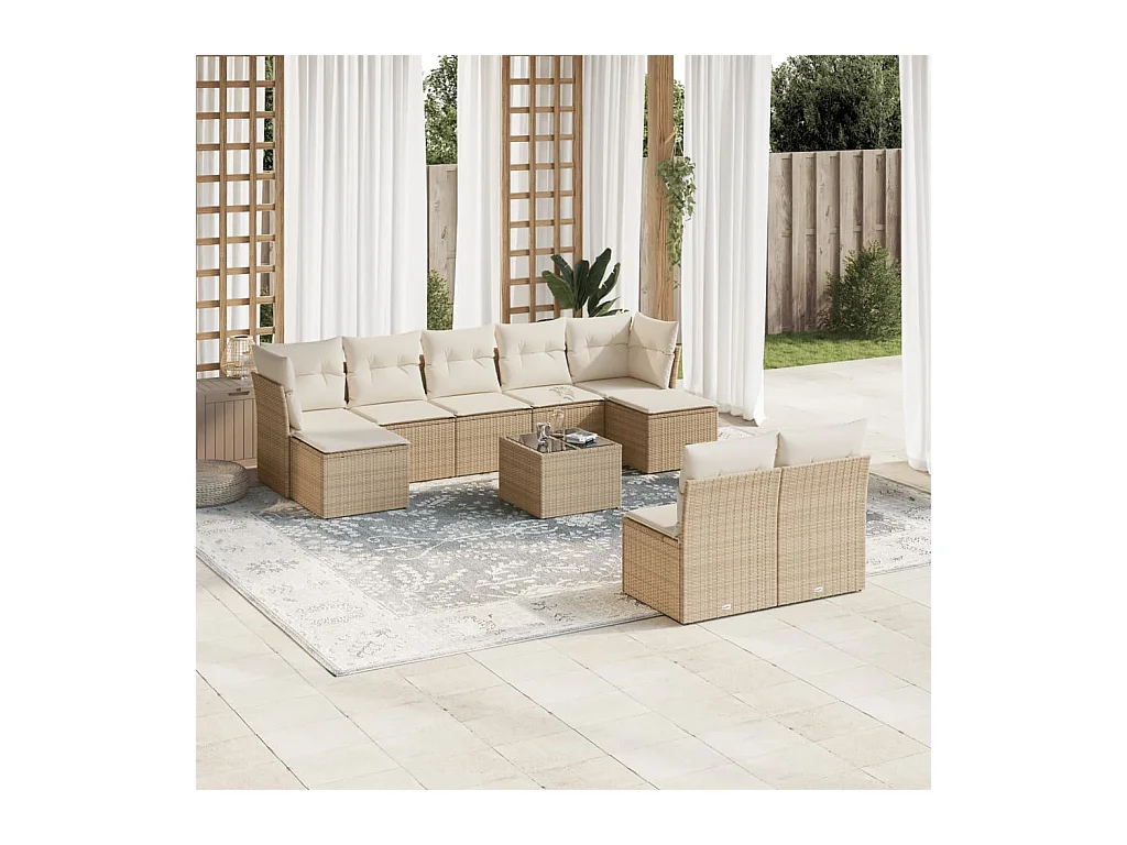 Salon de jardin avec coussins 10 pcs beige résine tressée
