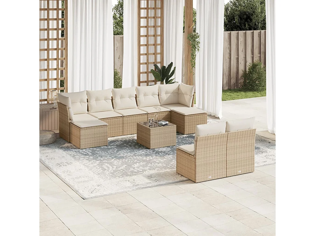 Salon de jardin avec coussins 10 pcs beige résine tressée