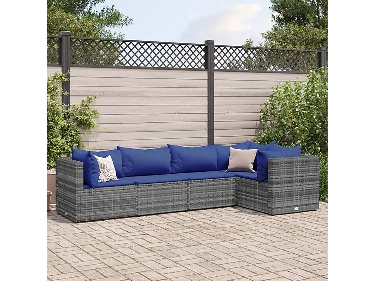Salon de jardin 5 pcs avec coussins Gris Résine tressée