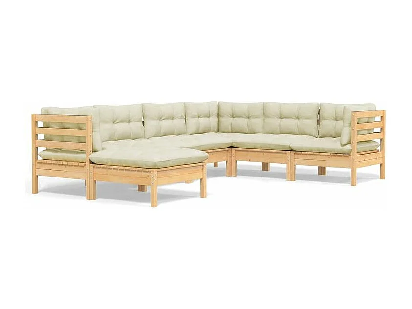 Salon de jardin 7 pcs avec coussins crème Bois de pin solide