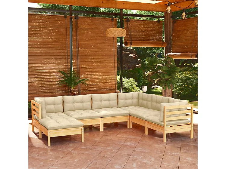 Salon de jardin 7 pcs avec coussins crème Bois de pin solide
