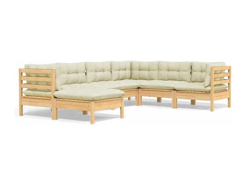 Salon de jardin 7 pcs avec coussins crème Bois de pin solide