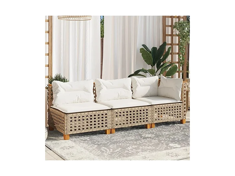 Canapé de jardin avec coussins 3 places beige résine tressée