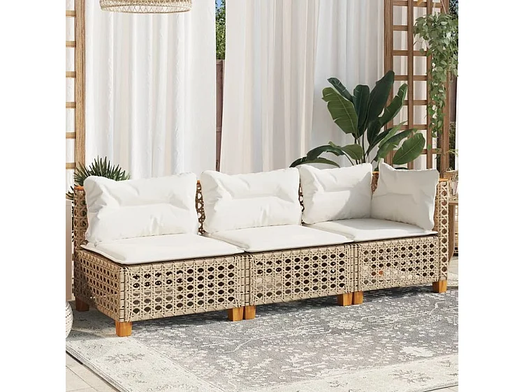 Canapé de jardin avec coussins 3 places beige résine tressée