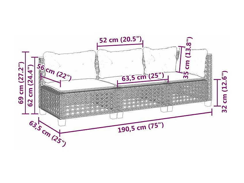 Canapé de jardin avec coussins 3 places beige résine tressée