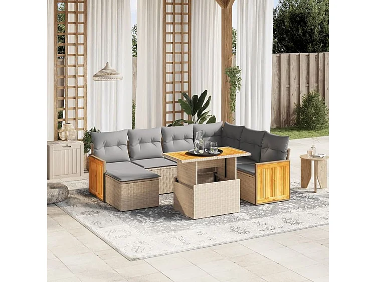 Salon de jardin avec coussins 8 pcs beige résine tressée