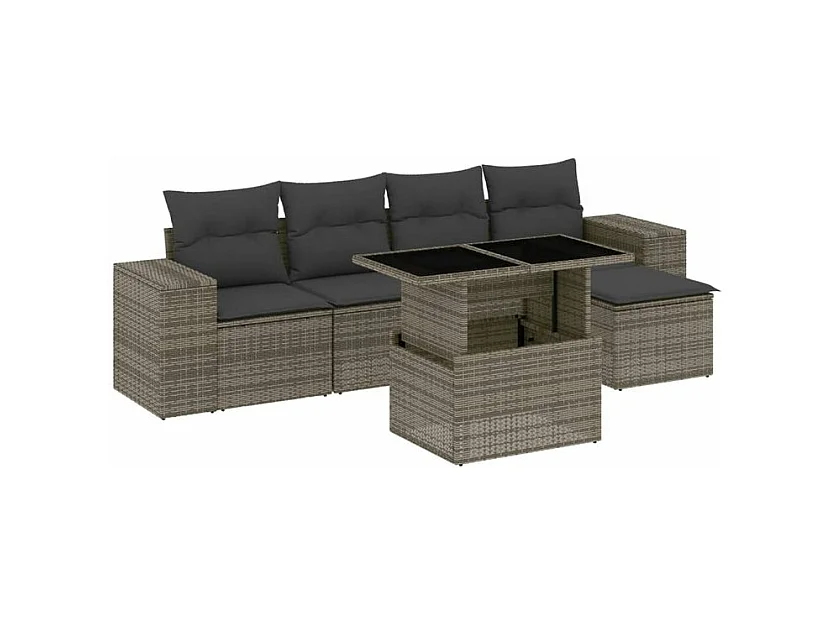 Salon de jardin 6 pcs avec coussins gris résine tressée