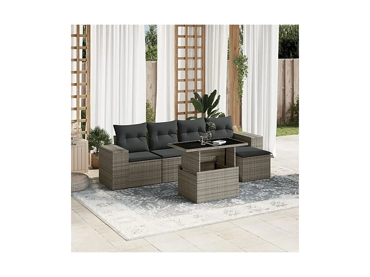 Salon de jardin 6 pcs avec coussins gris résine tressée