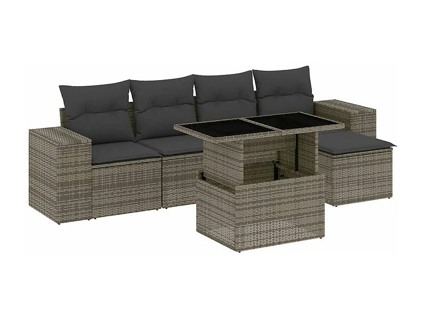 Salon de jardin 6 pcs avec coussins gris résine tressée