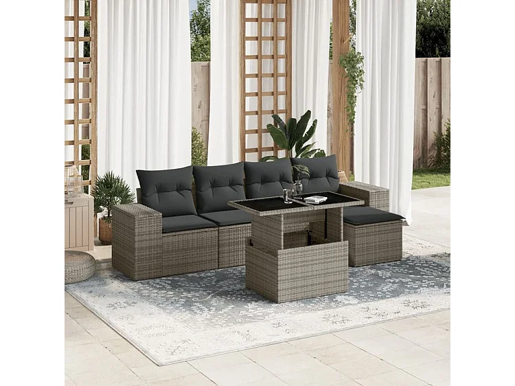 Salon de jardin 6 pcs avec coussins gris résine tressée